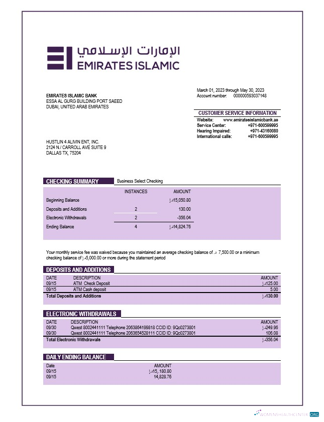 Download Emirates Islamic Bank firm account statement Word and PDF template Photoshop template